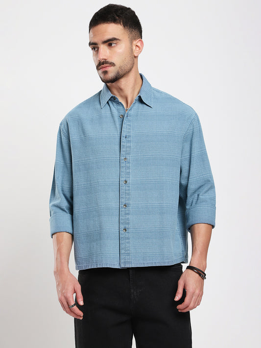 Denim Blue Crosshatch Textured  Boxy Fit Crop Shirt