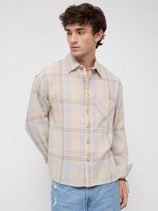 Pastel Dune Soft Plaid Checks Boxy Fit Crop Shirt