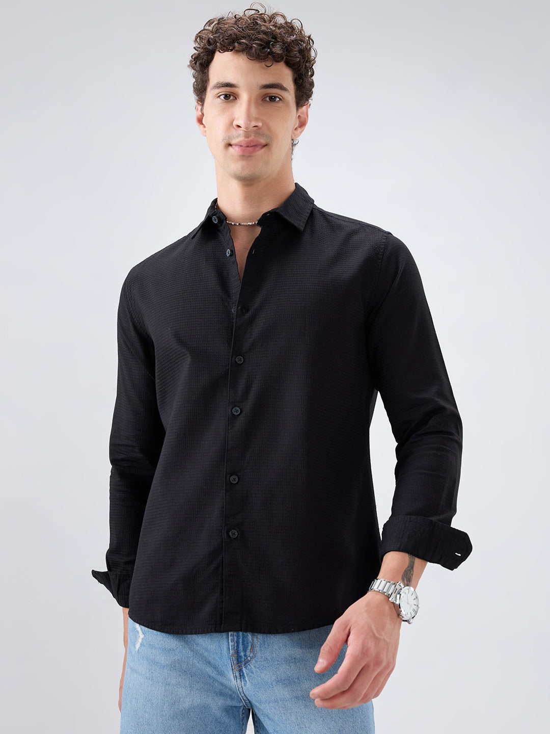 Jade Black Textured Knit Shirt