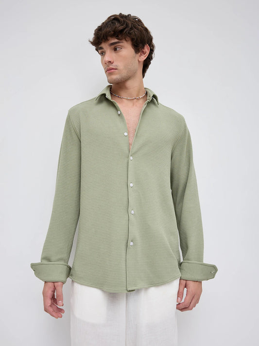 Refined Sage Green Gingham Checks Knitted Shirt