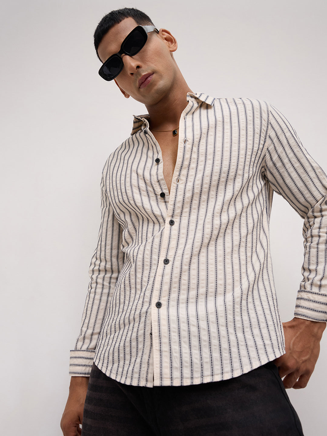 Luxe White & Navy Embroidered Striped Shirt