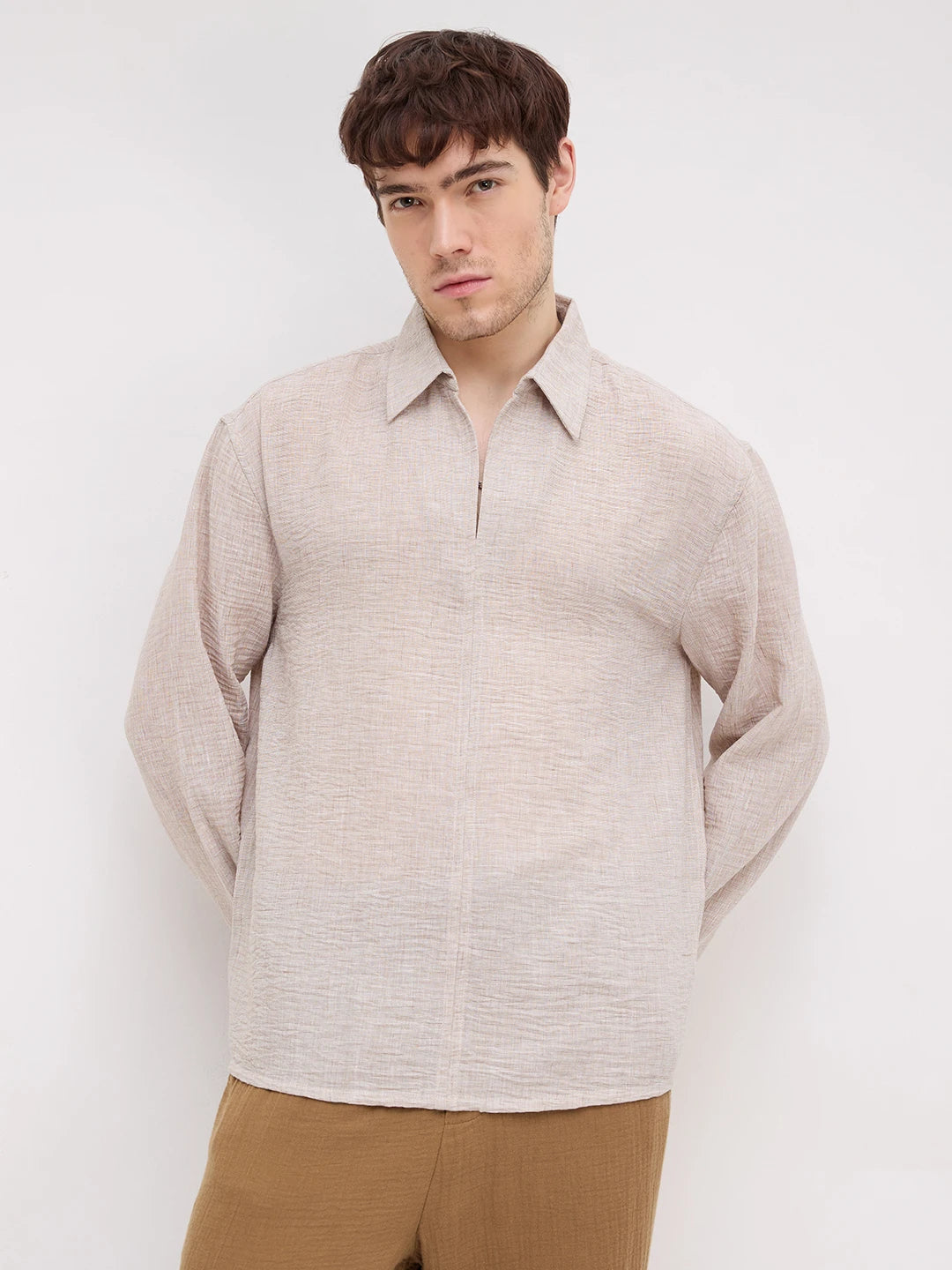 Elegant Sand Beige Textured Oversized Polo Shirt