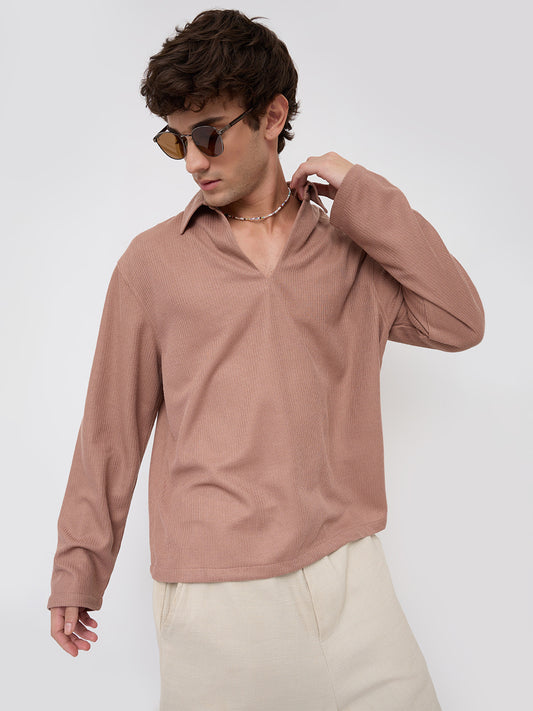 Soft Brown Micro Weave Knitted Oversized Polo Shirt