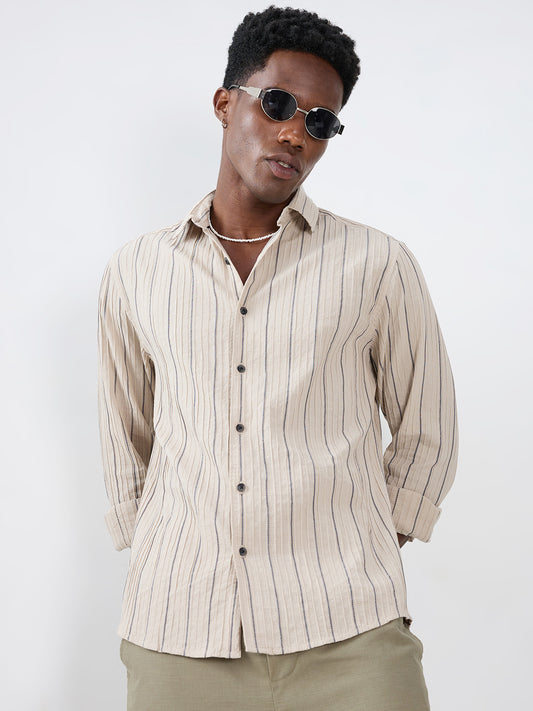 Intricate Beige & Navy Raised Striped Shirt