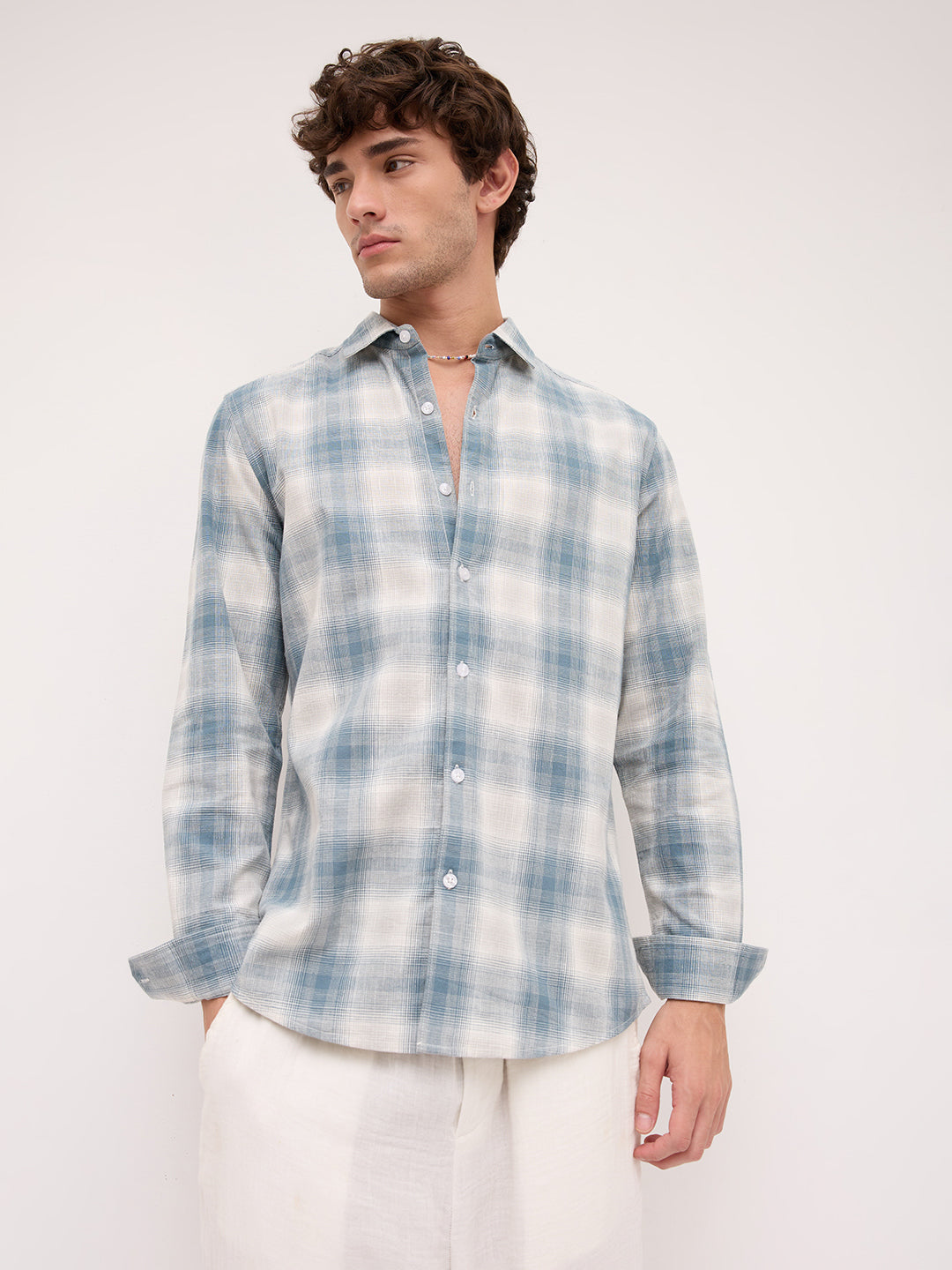 Premium Slate Blue & White Linen Blend Plaid Checks Shirt