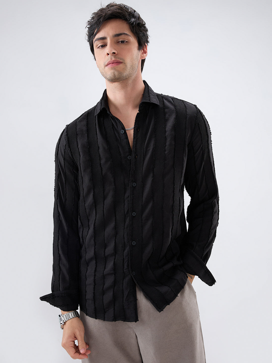 Jet Black Frayed Panelled Waffle Textured Shirt