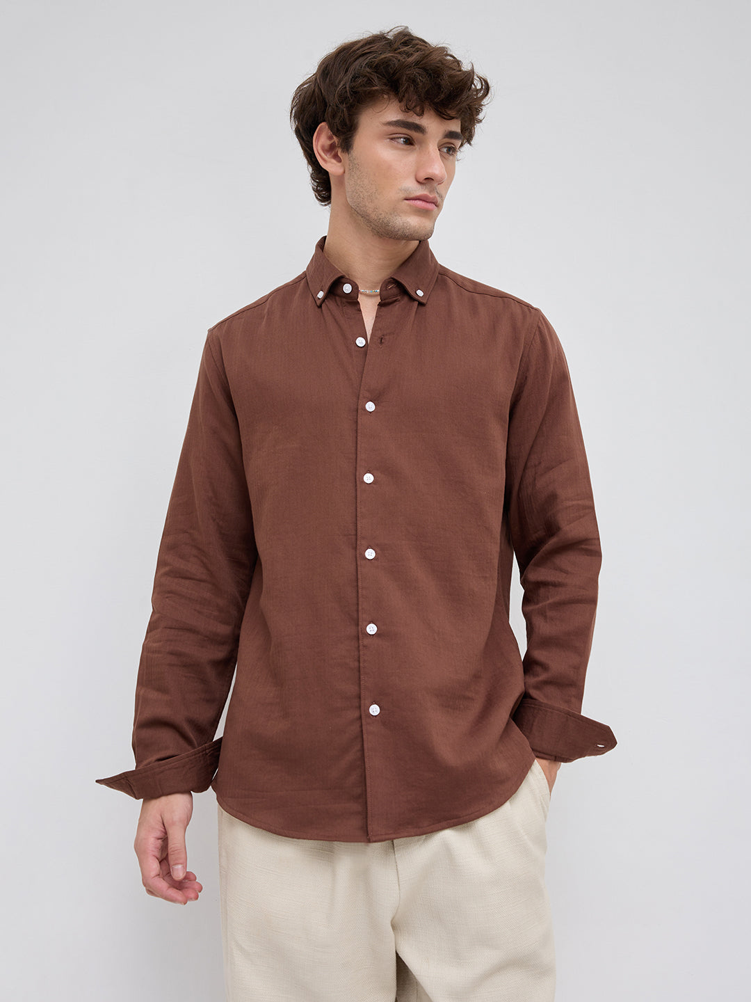 Warm Brown Herringbone Textured Button-Down Shirt