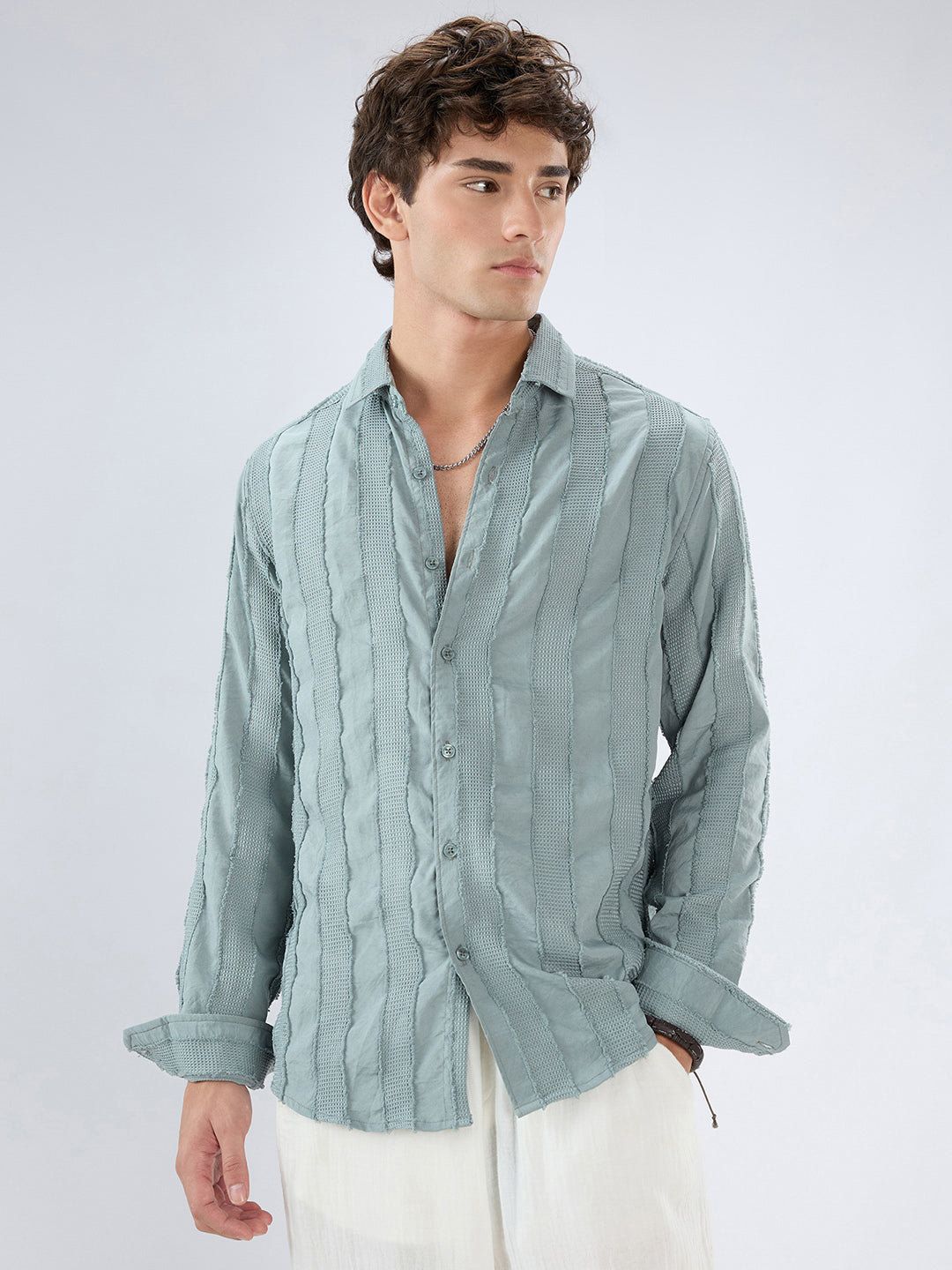 Sage Green Frayed Panelled Waffle Textured Shirt