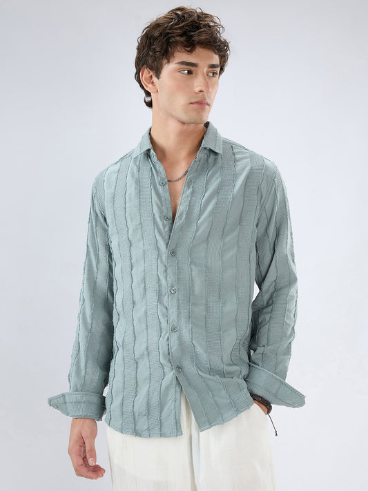 Sage Green Frayed Panelled Waffle Textured Shirt