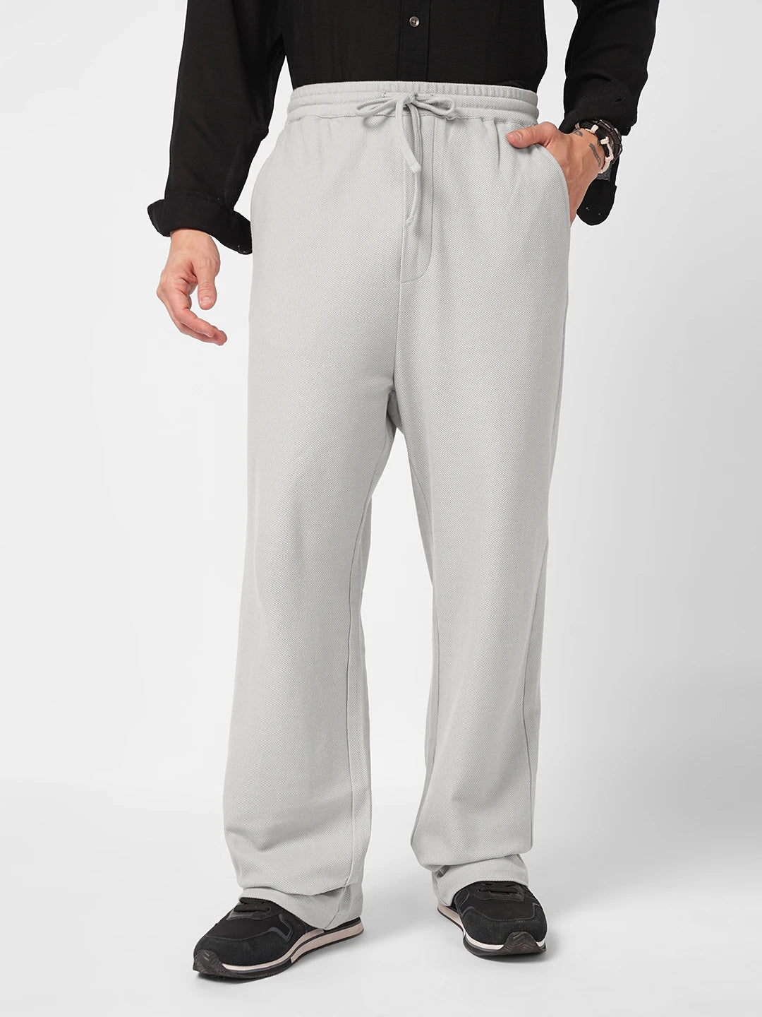 Grey Honeycomb Textured Knitted Straight Fit Trousers