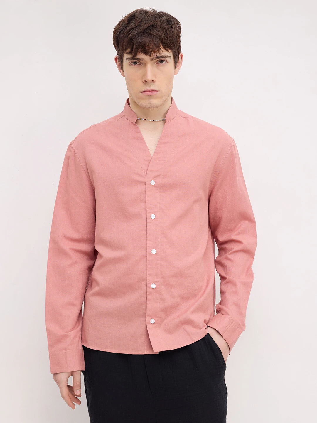 Luxe Coral Linen Blend Stand Collar Oversized Shirt