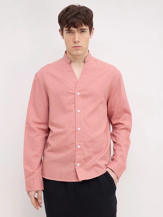 Luxe Coral Linen Blend Stand Collar Oversized Shirt
