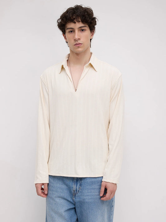 Ivory Linework Airknit Oversized Polo Shirt