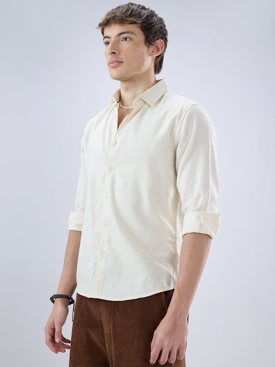 Pearl Cream Micro Grid Weave Textured Shirt