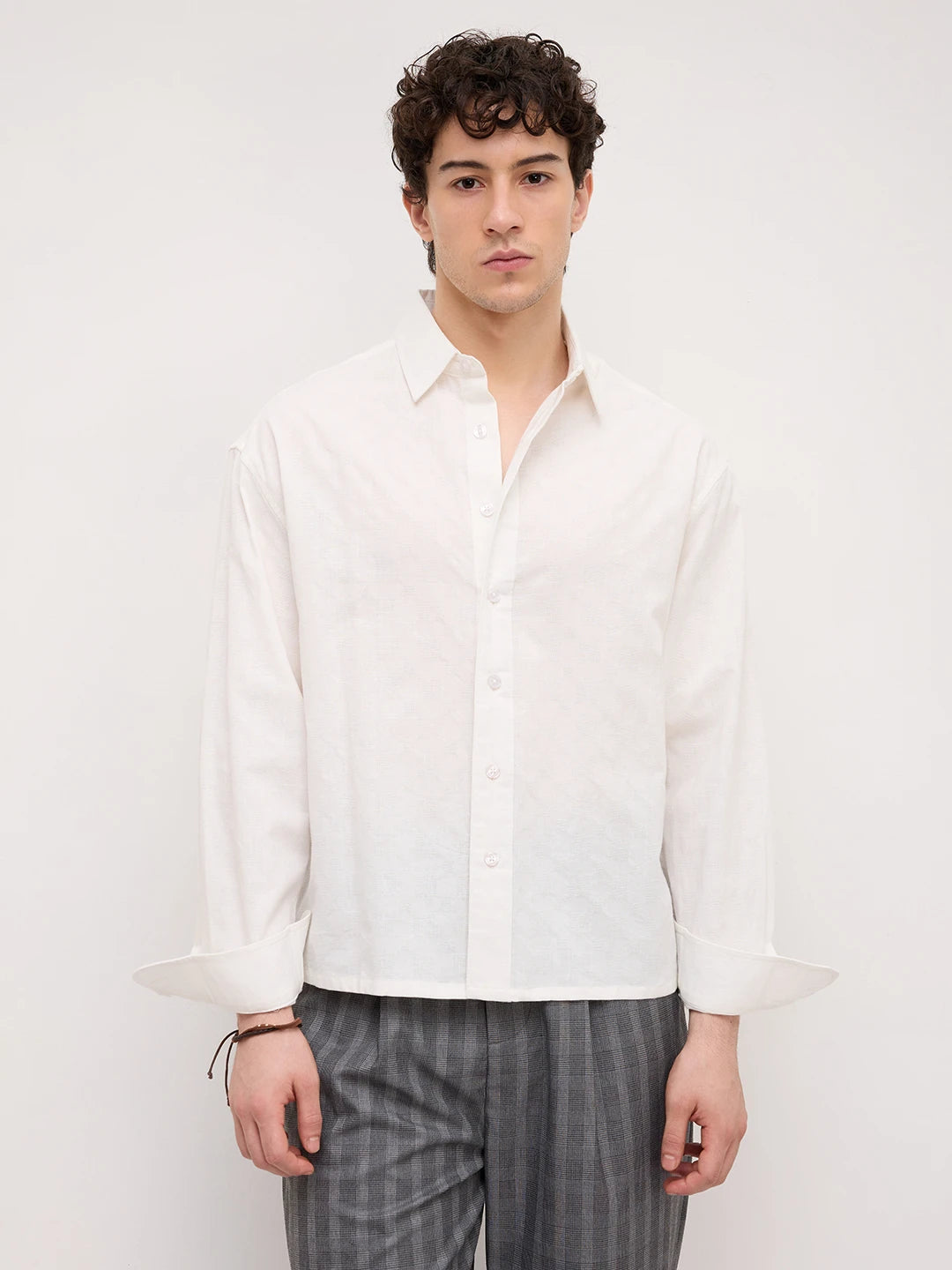 Luxe Pearl White Square Embossed Boxy Fit Crop Shirt