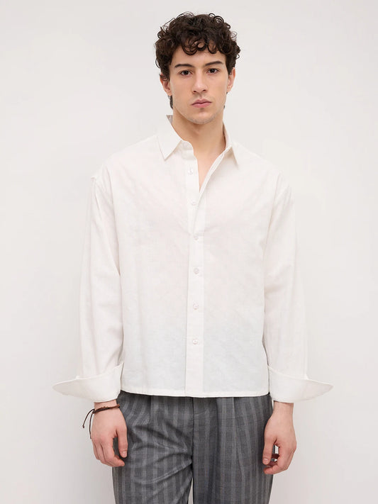 Luxe Pearl White Square Embossed Boxy Fit Crop Shirt