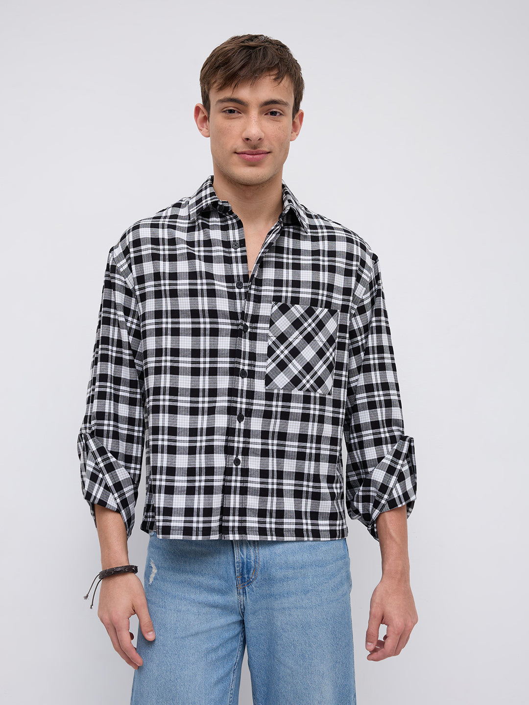 Timeless Monochrome Plaid Checks Cuffless Oversized Crop Shirt