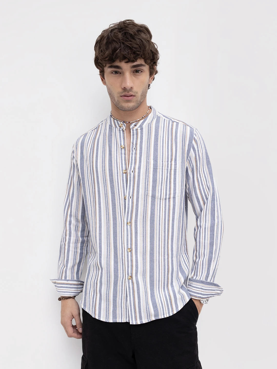 Blue & White Vertical Stripes Mandarin Shirt