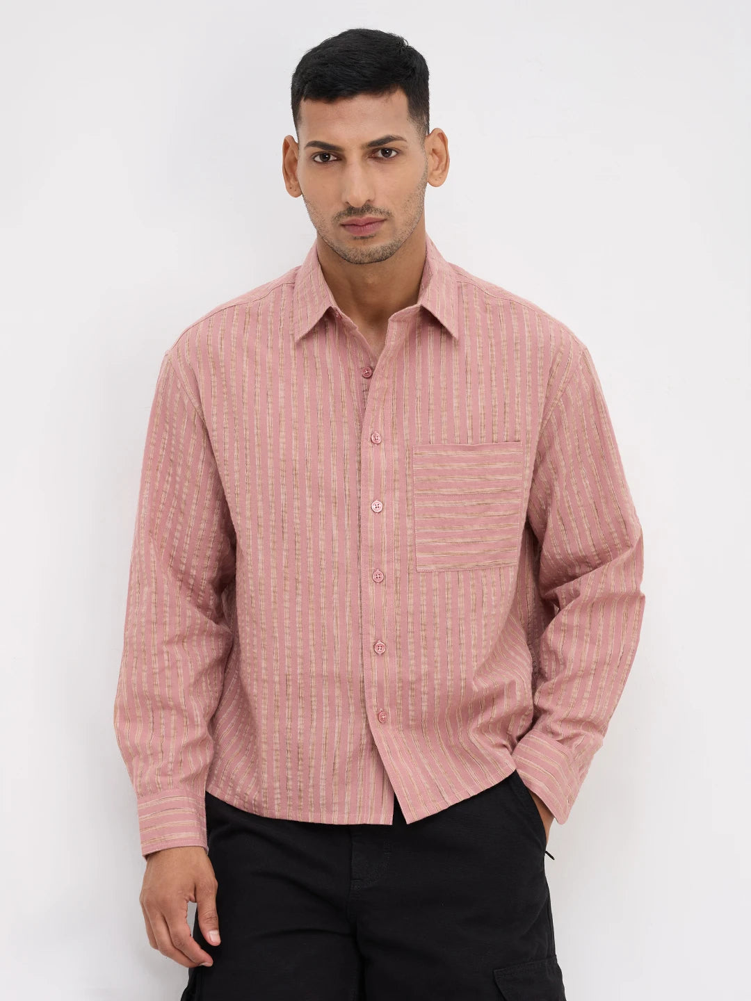 Georgia Peach Fine Seersucker Striped Boxy Fit Crop Shirt