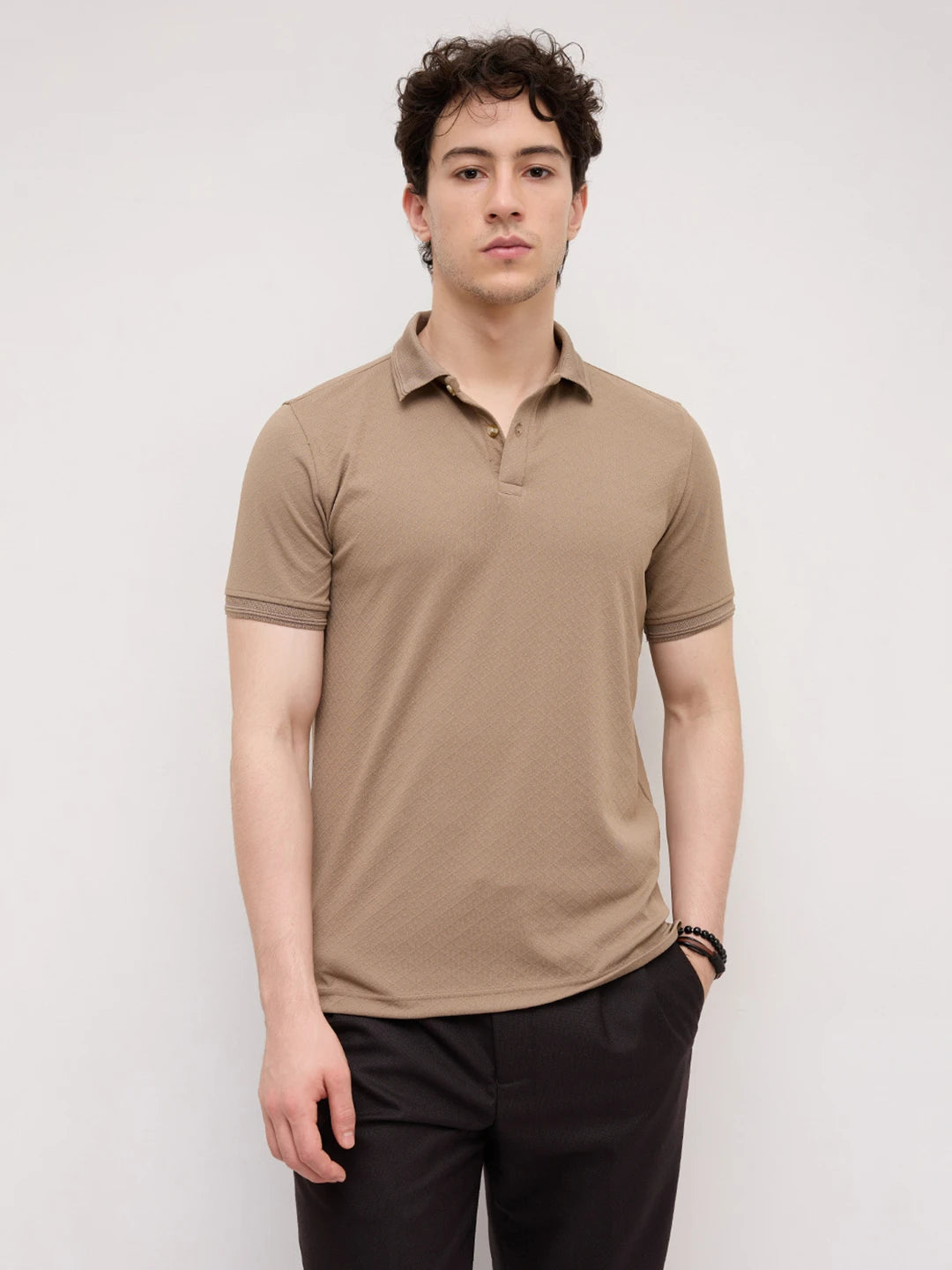 Khaki Diamond Weave Polo Knit T-Shirt