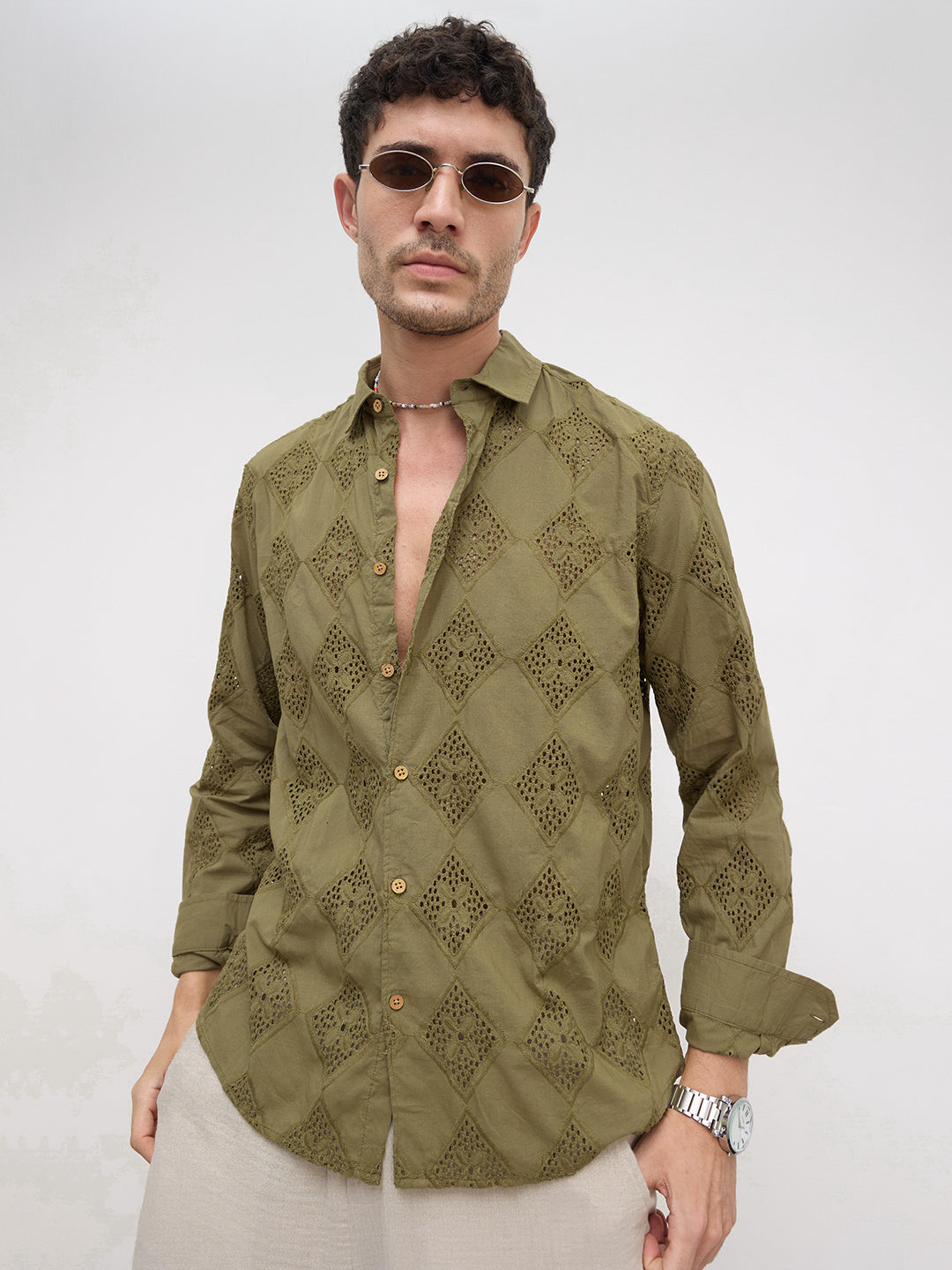 Olive Lozenge Schiffli Shirt