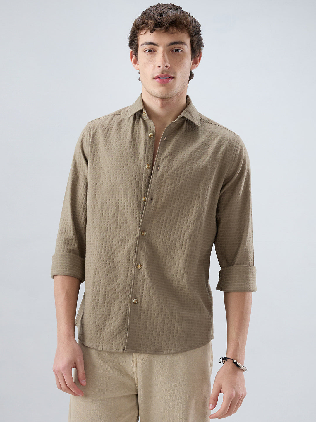 Soft Olive Box Textured Weave Double Cloth Shirt