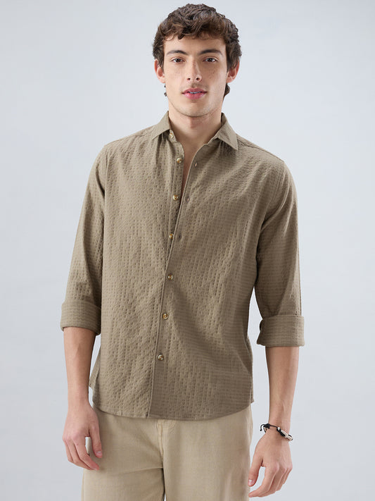 Soft Olive Box Textured Weave Double Cloth Shirt
