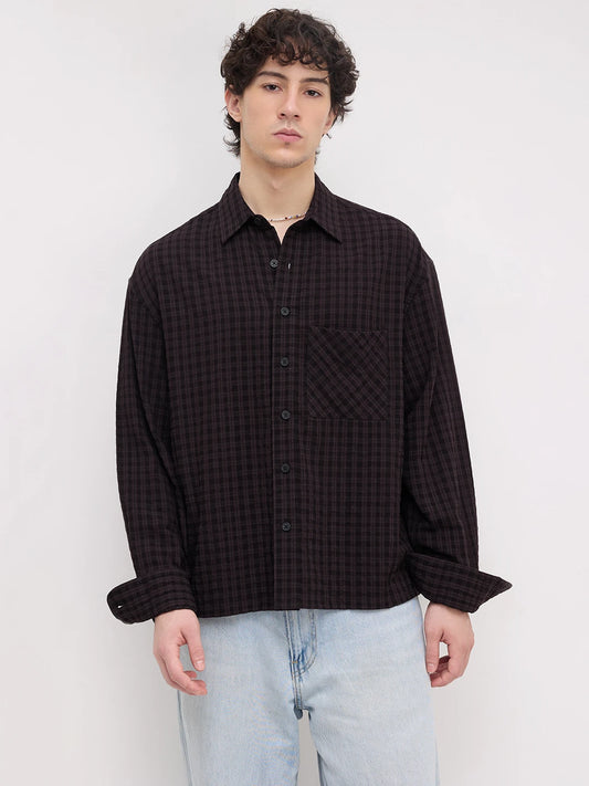 Rick Black Plaid Checks Boxy Fit Crop Shirt