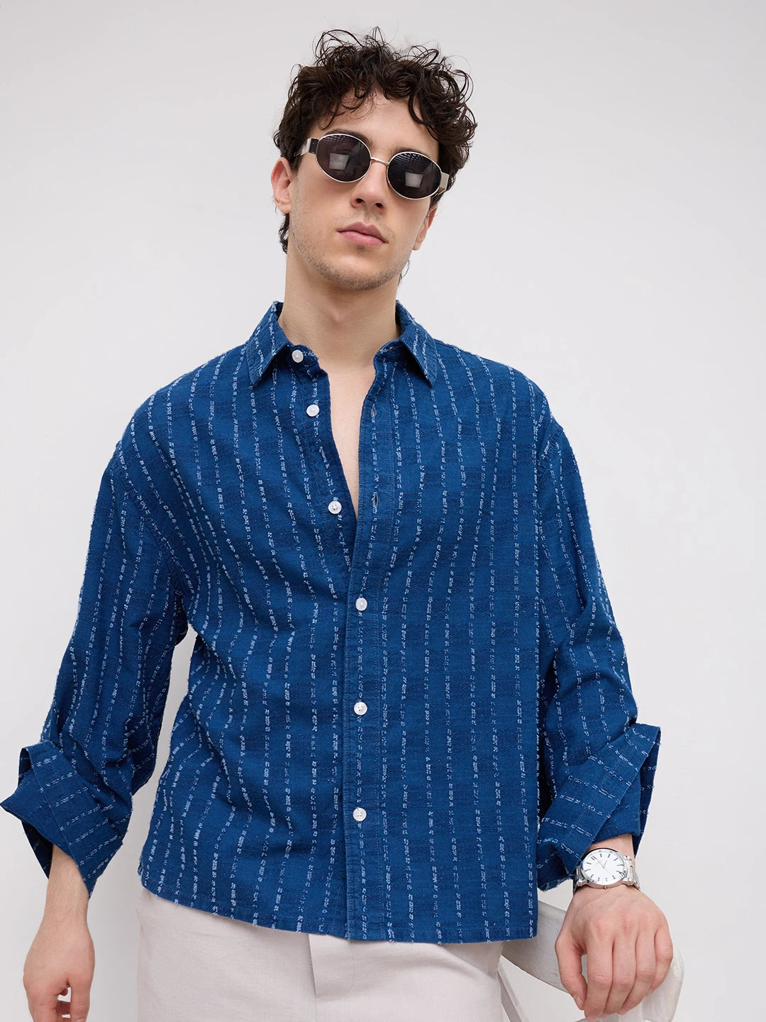 Luxe Denim Fine Textured Cuffless Oversized Crop Shirt