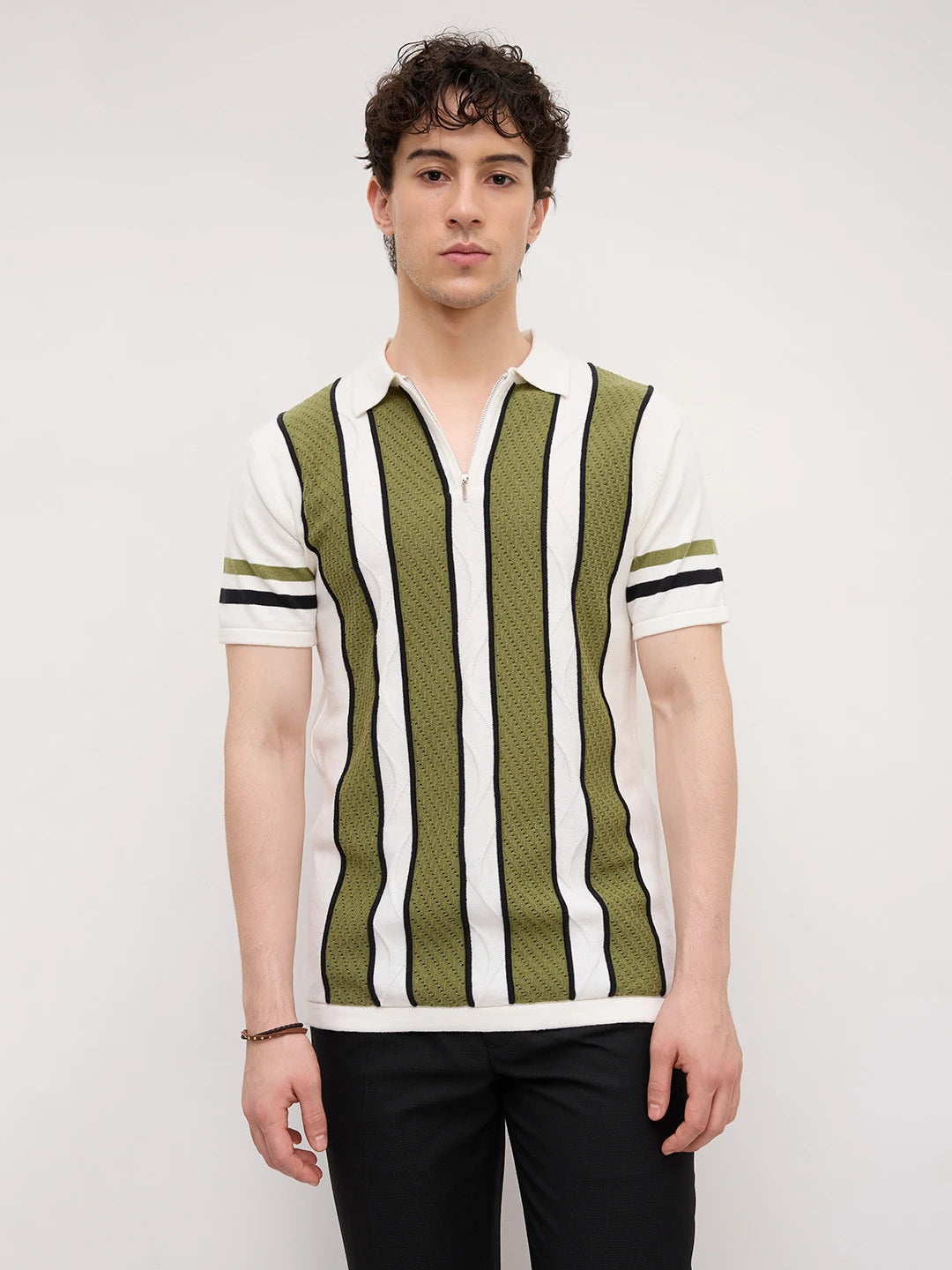White Artisian Panel Striped Polo Zip Flat Knit T-shirt