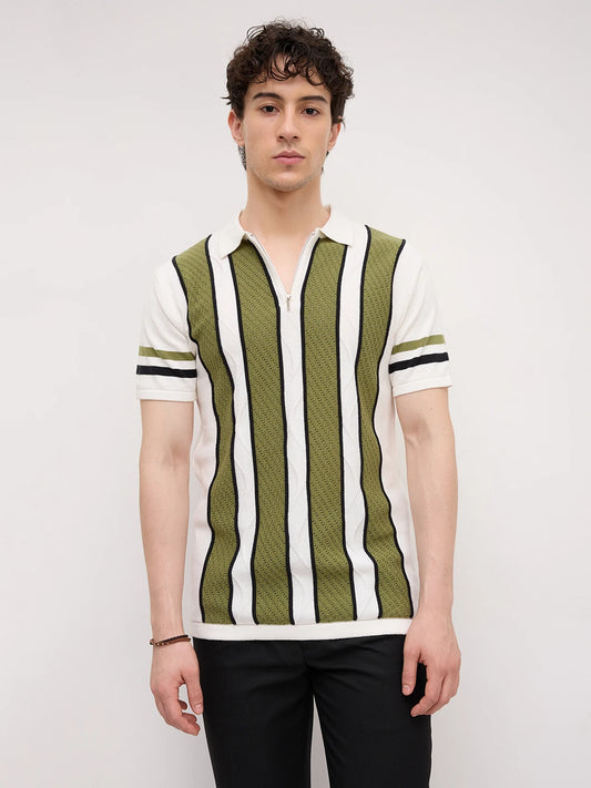 White Artisian Panel Striped Polo Zip Flat Knit T-shirt