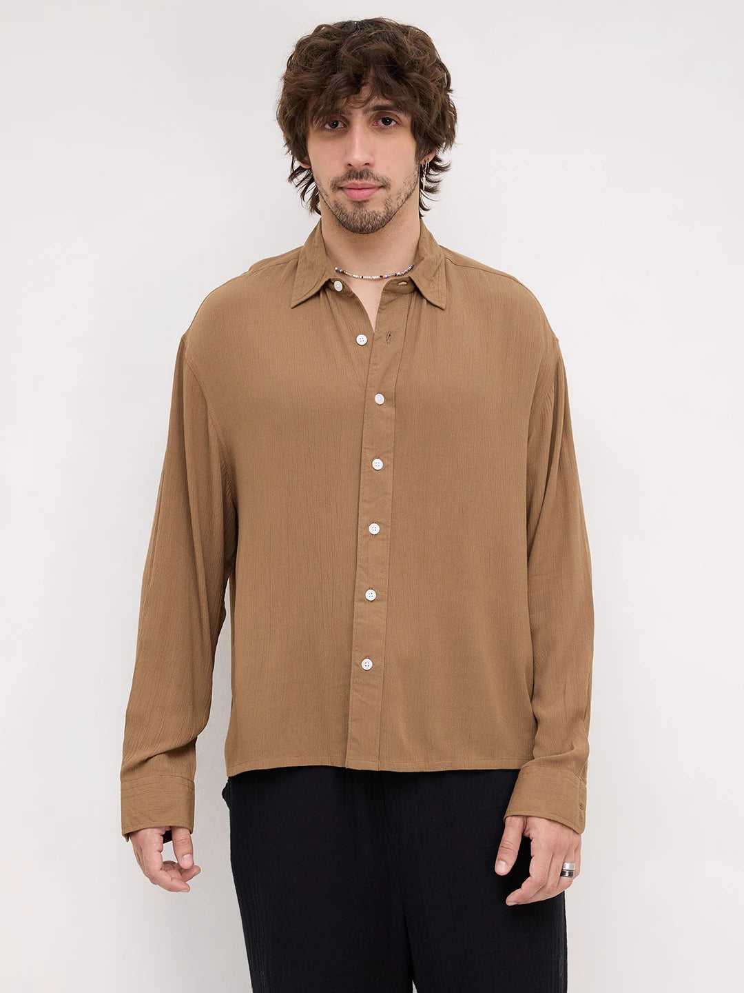 Chocolate Brown Crepe Textured Boxy Fit Crop Shirt