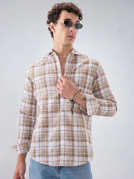 Walnut Brown Plaid Checks Textured Shirt