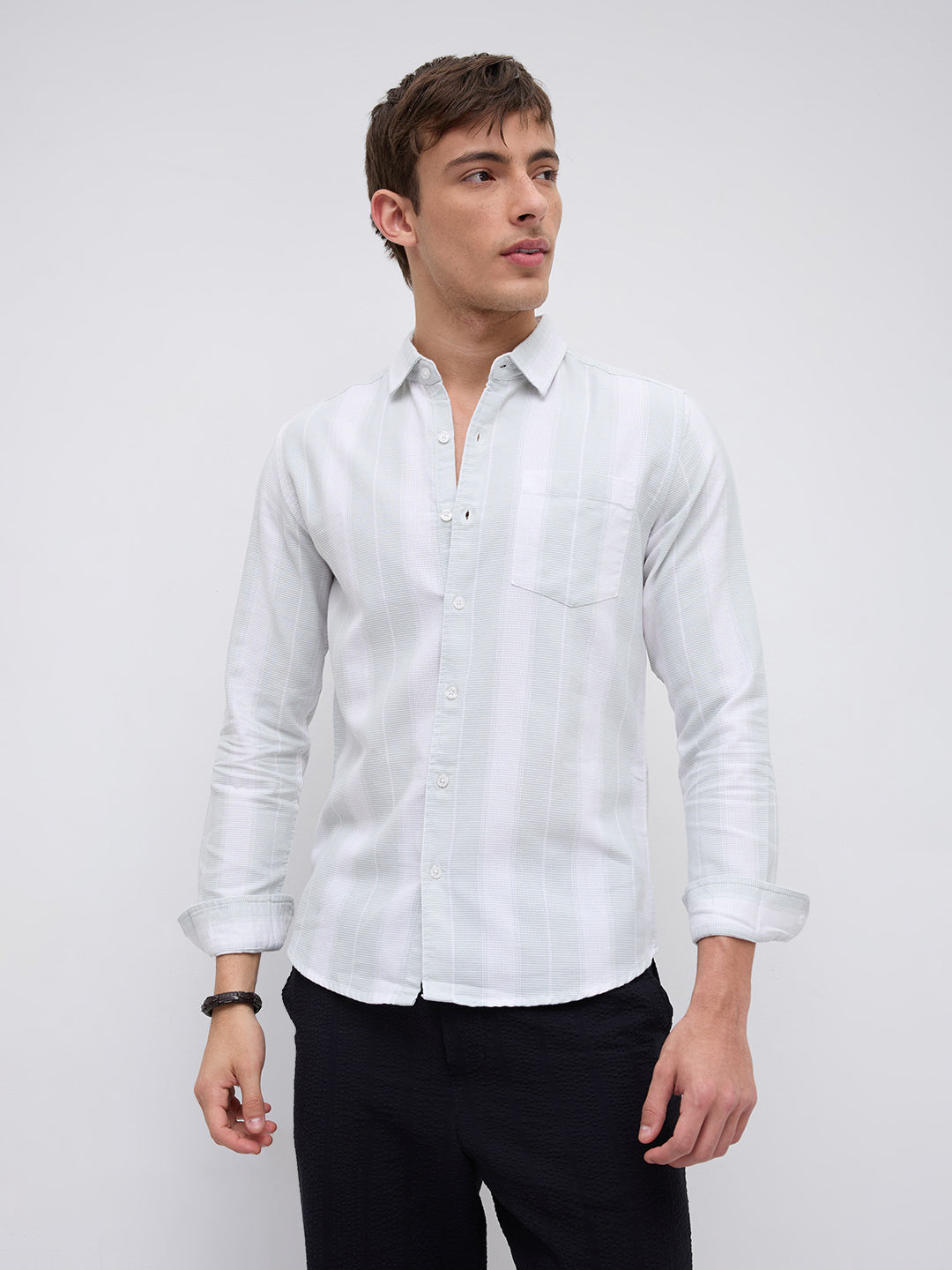 Sage Mist Textured Vertical Striped Resort Shirt