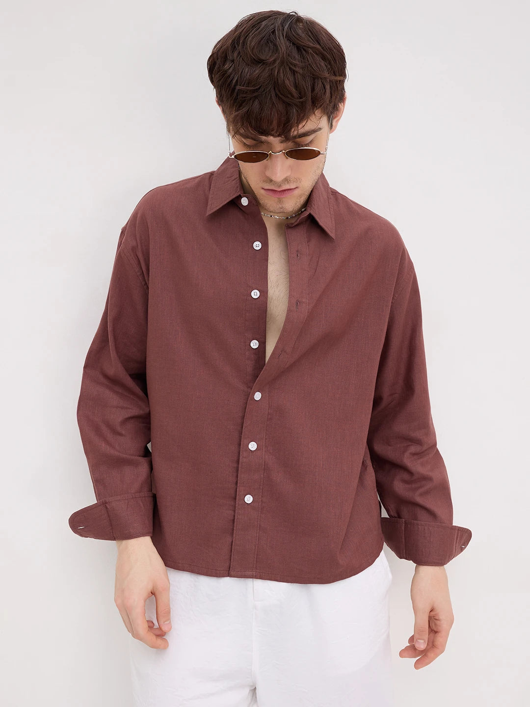 Brown Fine Textured Boxy Fit Crop Shirt
