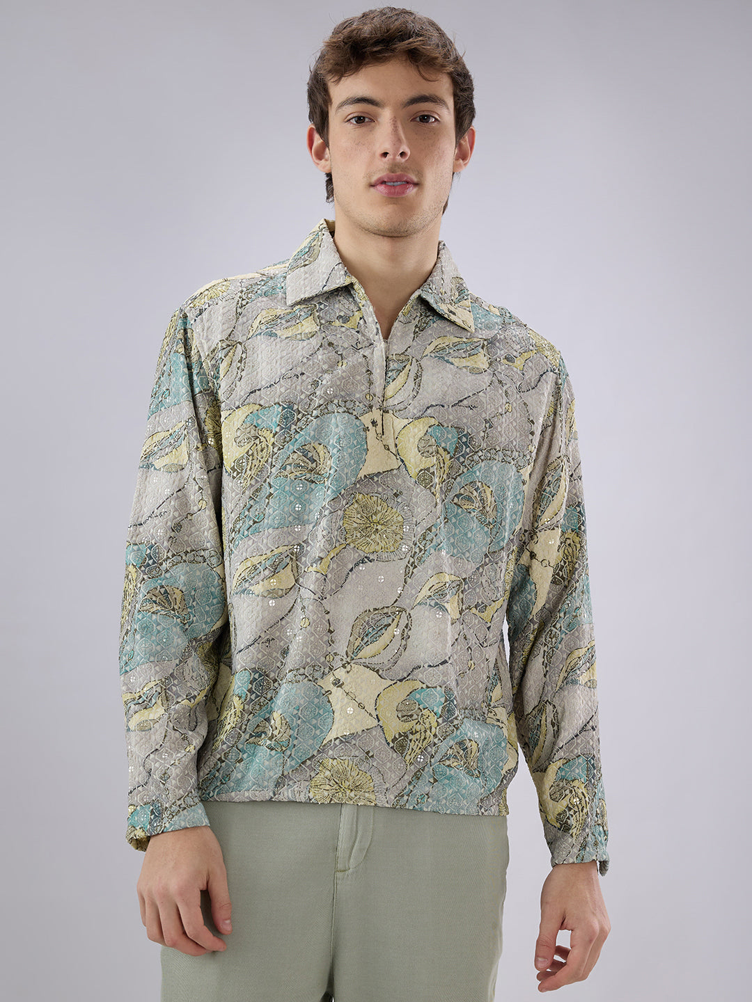 Utsav Spark Grey Sequin Embroidered Cuffless Oversized Shirt