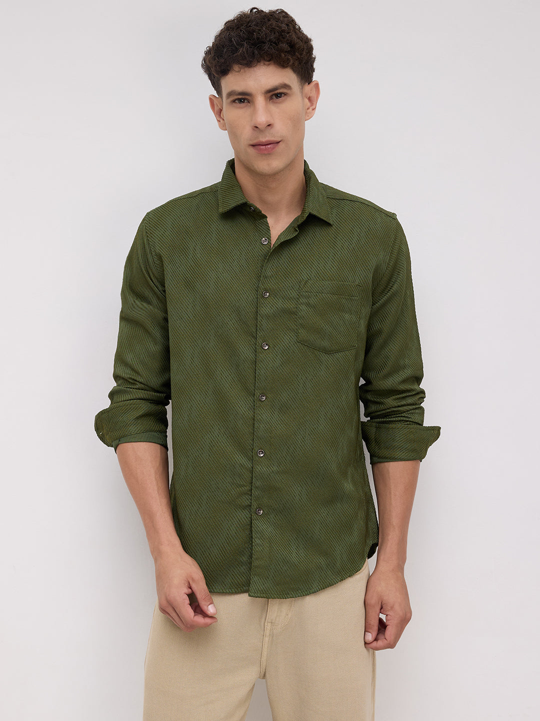 Olive Asymmetric Stripe Textured Shirt