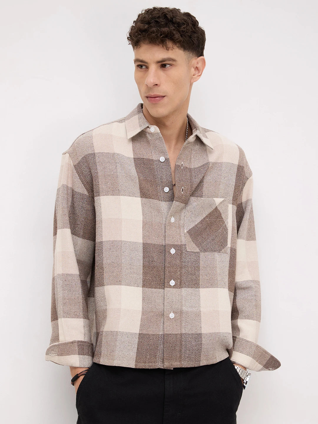 Beige & Brown Square Flannel Checks Boxy Fit Crop Shirt