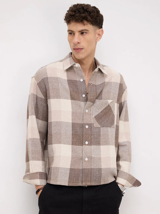 Beige & Brown Square Flannel Checks Boxy Fit Crop Shirt