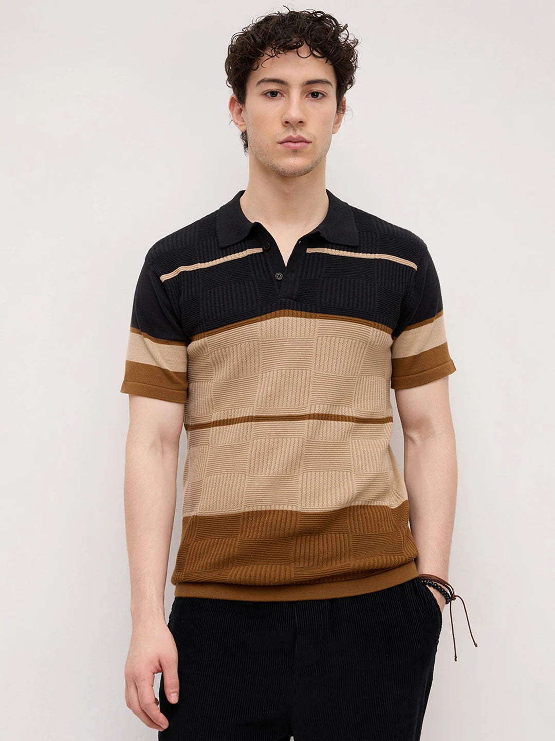 Sandstone Geometric Textured Knit Polo T-Shirt