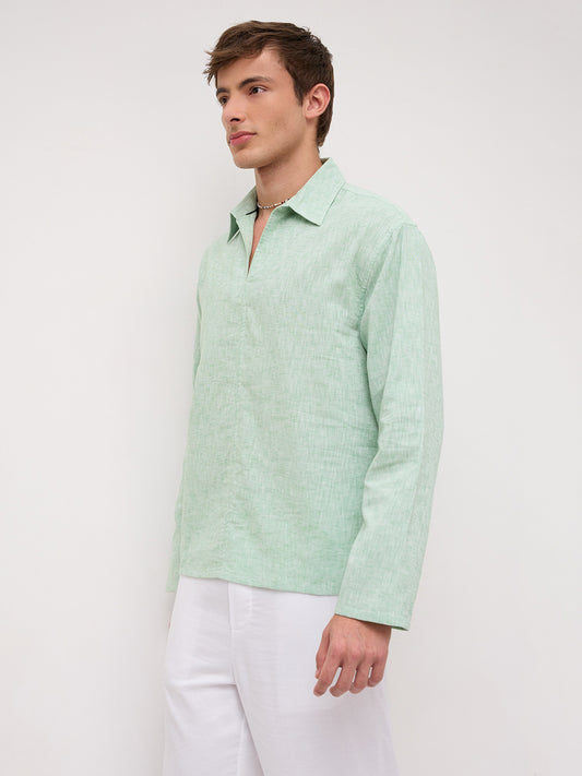 Seafoam Green Melange Textured Center Seam Oversized Polo Shirt