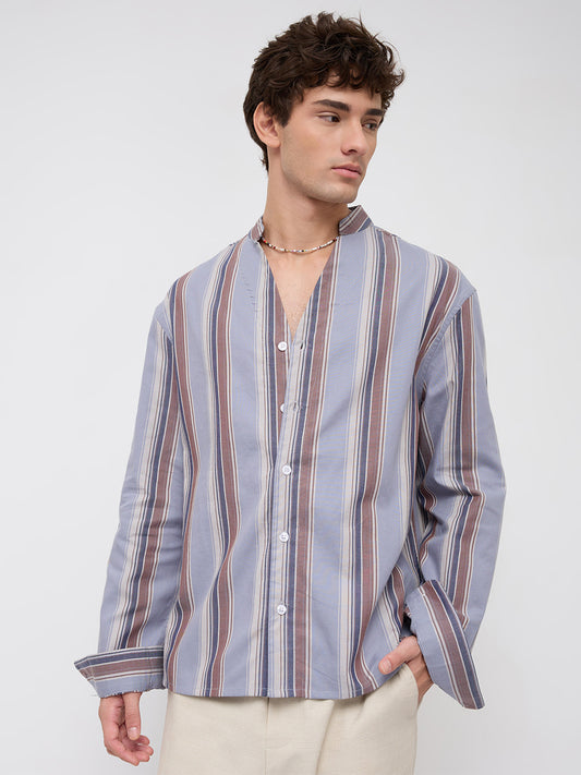 Blue & Brown Bold Stripes Stand Collar Oversized Shirt