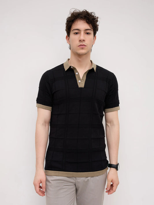 Black Windowpane Textured Contrast Polo Flat Knit T-Shirt
