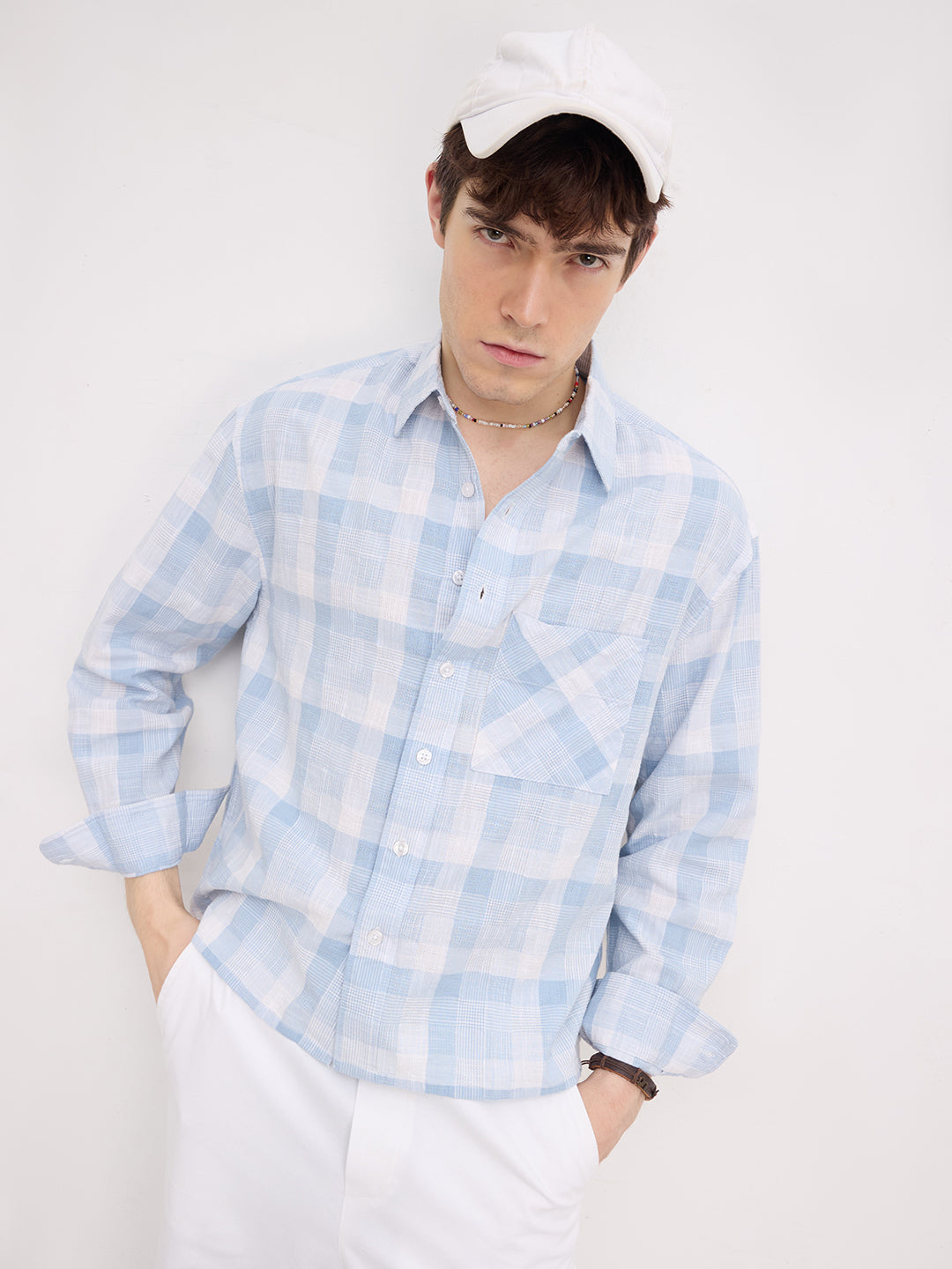 Arctic Blue Square Embossed Boxy Fit Crop Shirt