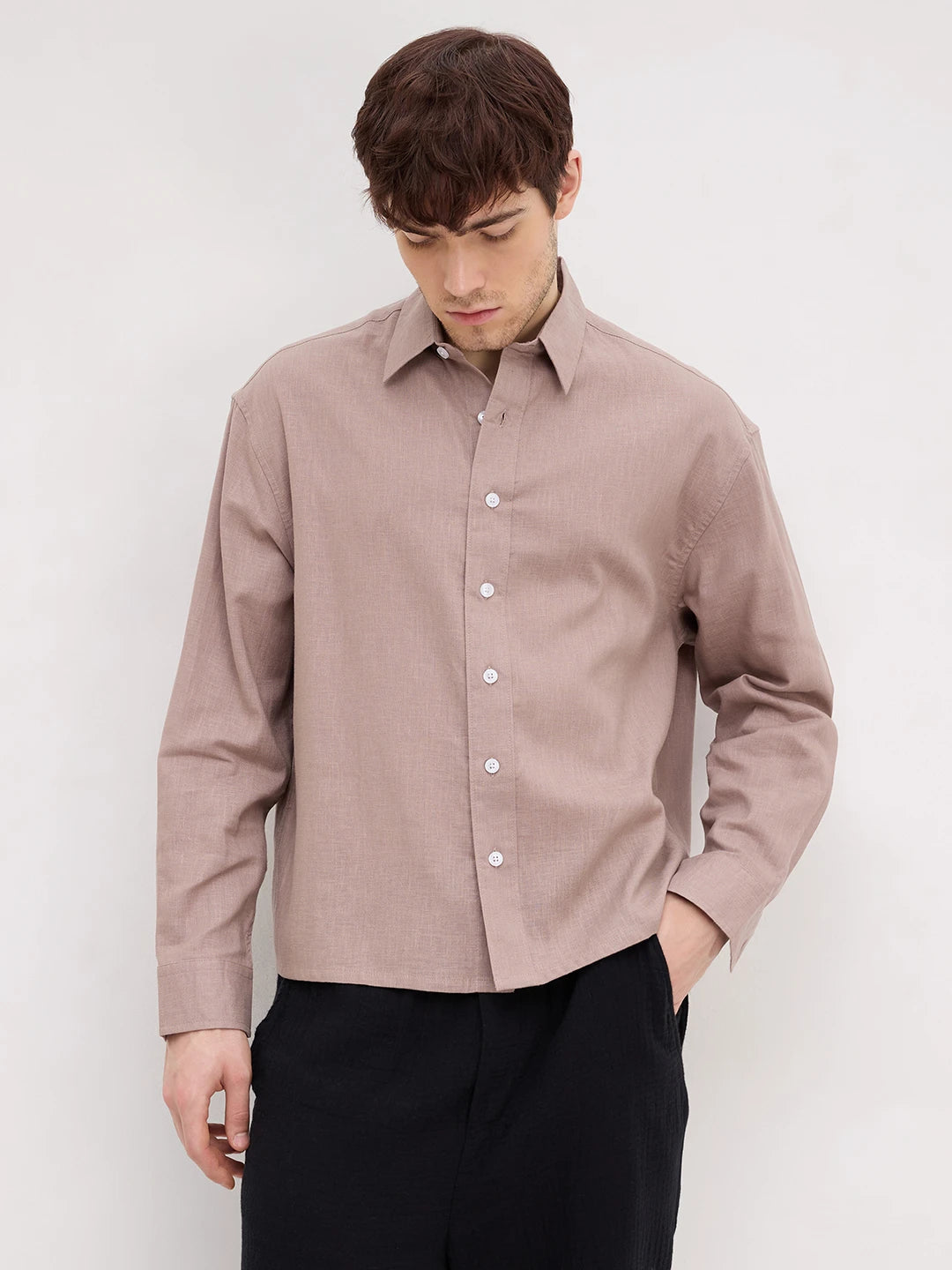 Classic Soft Khaki Fine Textured Boxy Fit Crop Shirt