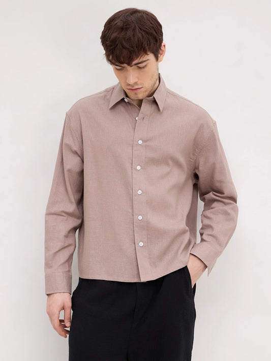 Classic Soft Khaki Fine Textured Boxy Fit Crop Shirt