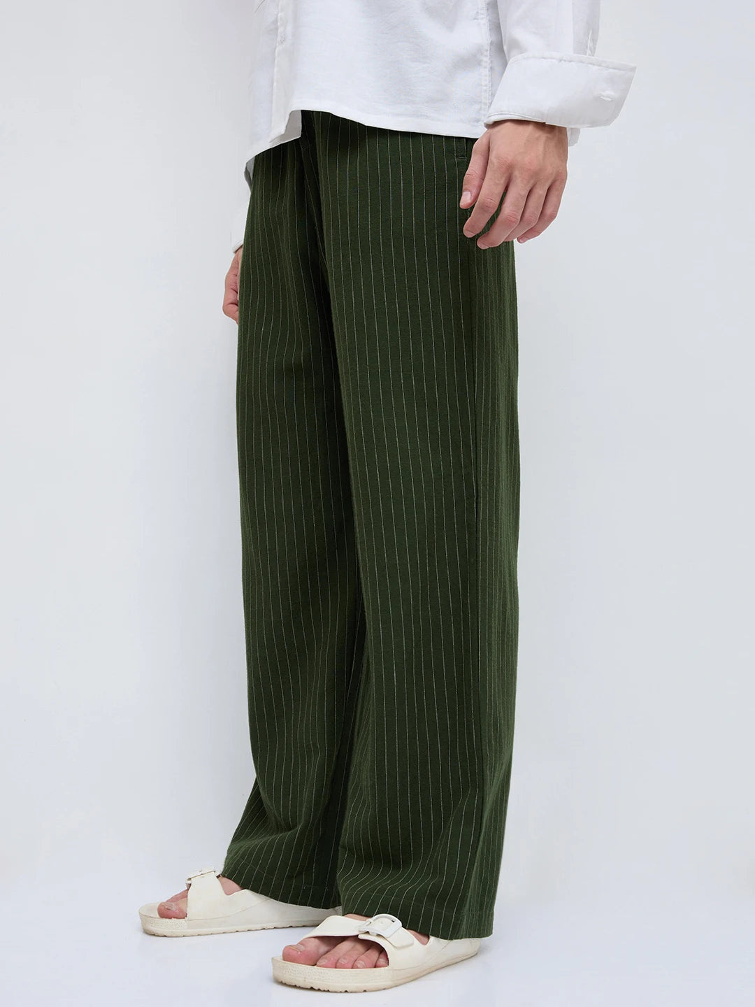 Olive Pinstripe Wide Leg Trousers