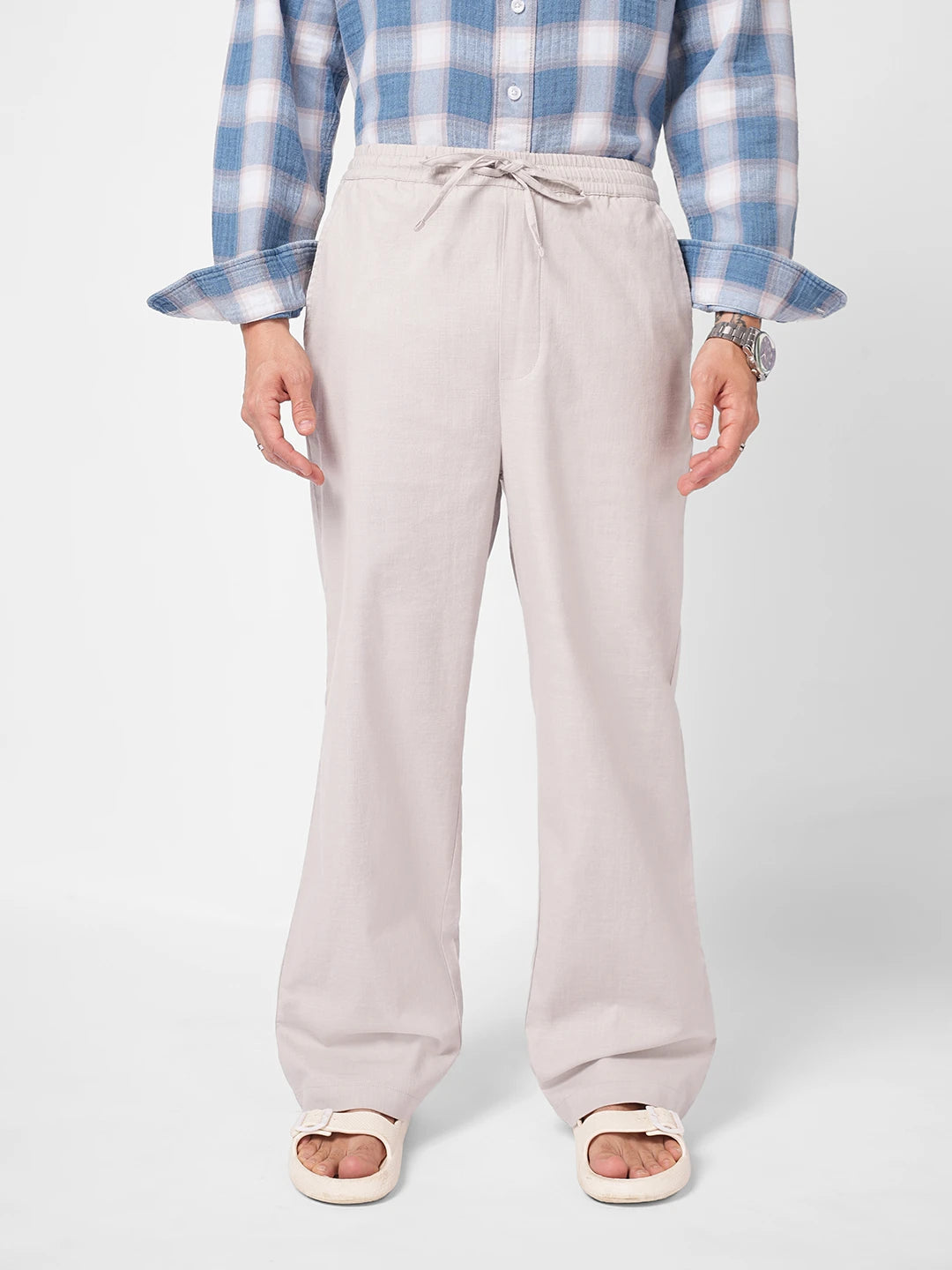 Tea Green Slub Weave Straight Fit Trousers