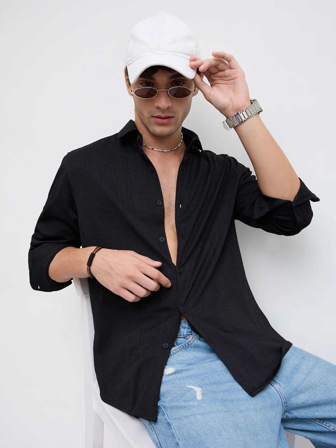 Black Mini Checks Textured Knitted Shirt