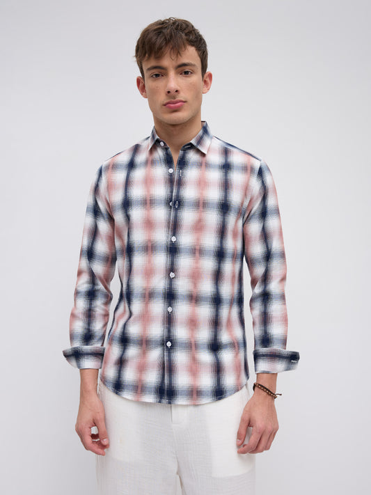 Premium Navy & Pink Textured Plaid Checks Shirt